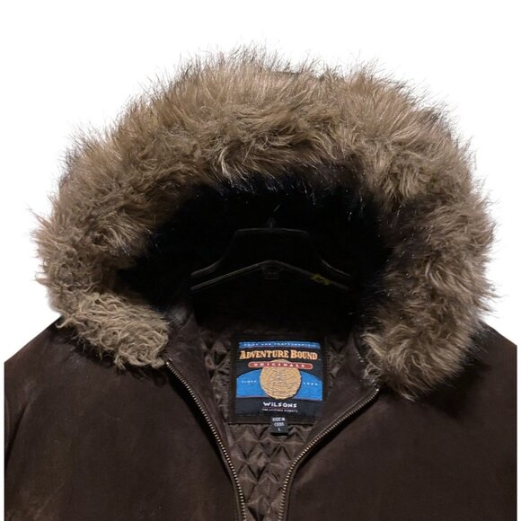 Vintage Wilsons Adventure Bound Mens Suede Coat L Faux Fur Trim Hood Heavy Chore - Picture 2 of 10